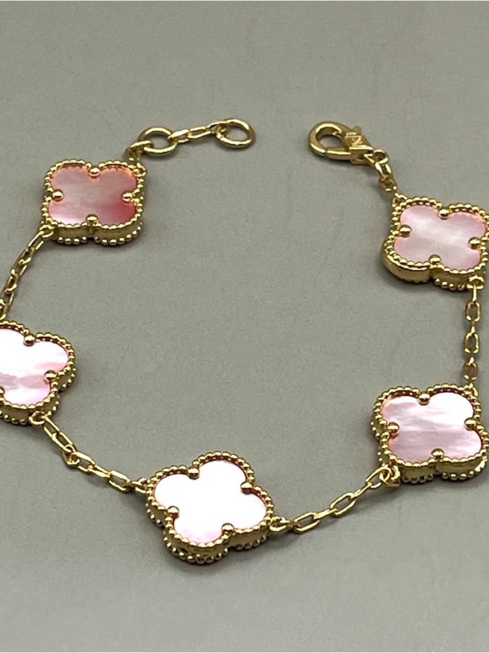 18k Yellow Gold Plated 15mm Pink Mother of Pearl Clover Chain Link Bracelet